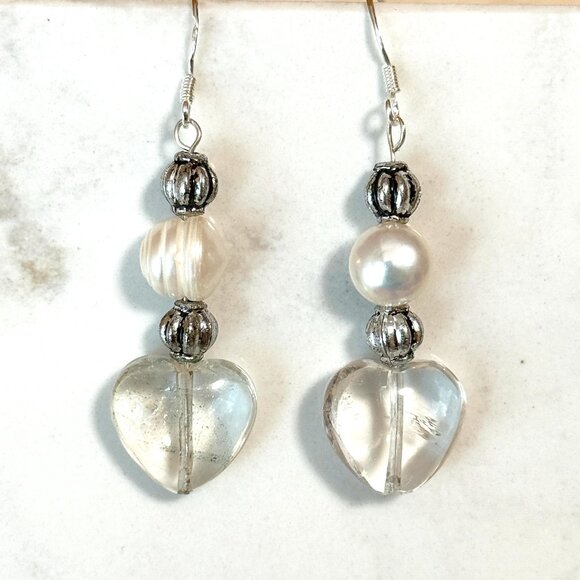 2/$20, Genuine Clear Quartz & Pearl Stone Heart Sterling Silver Earrings - Picture 1 of 9